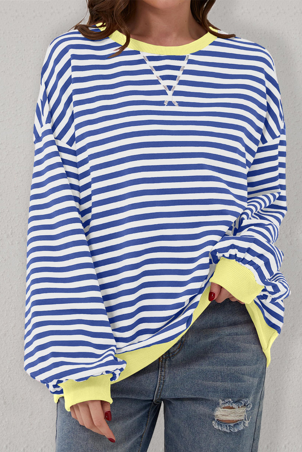 Red Stripe Oversized Contrast Trim Pullover Sweatshirt