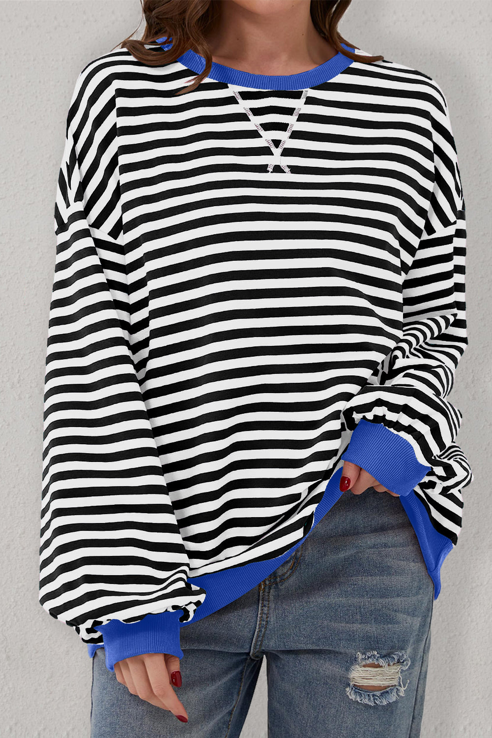 Red Stripe Oversized Contrast Trim Pullover Sweatshirt