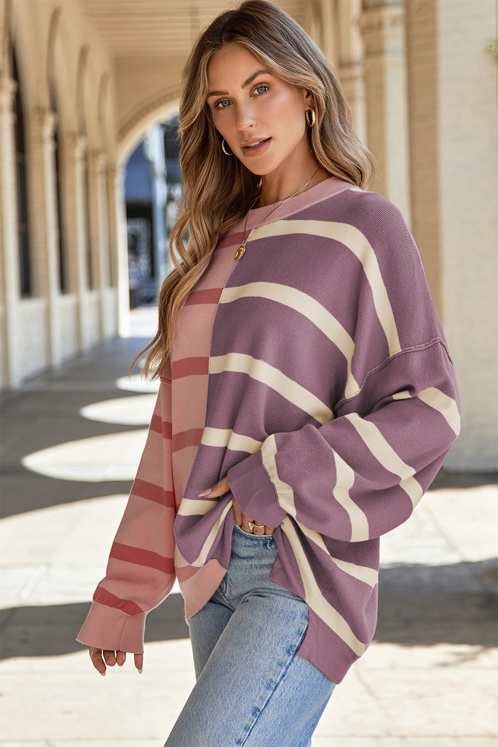 Blue Stripe Colorblock Oversized Sweater