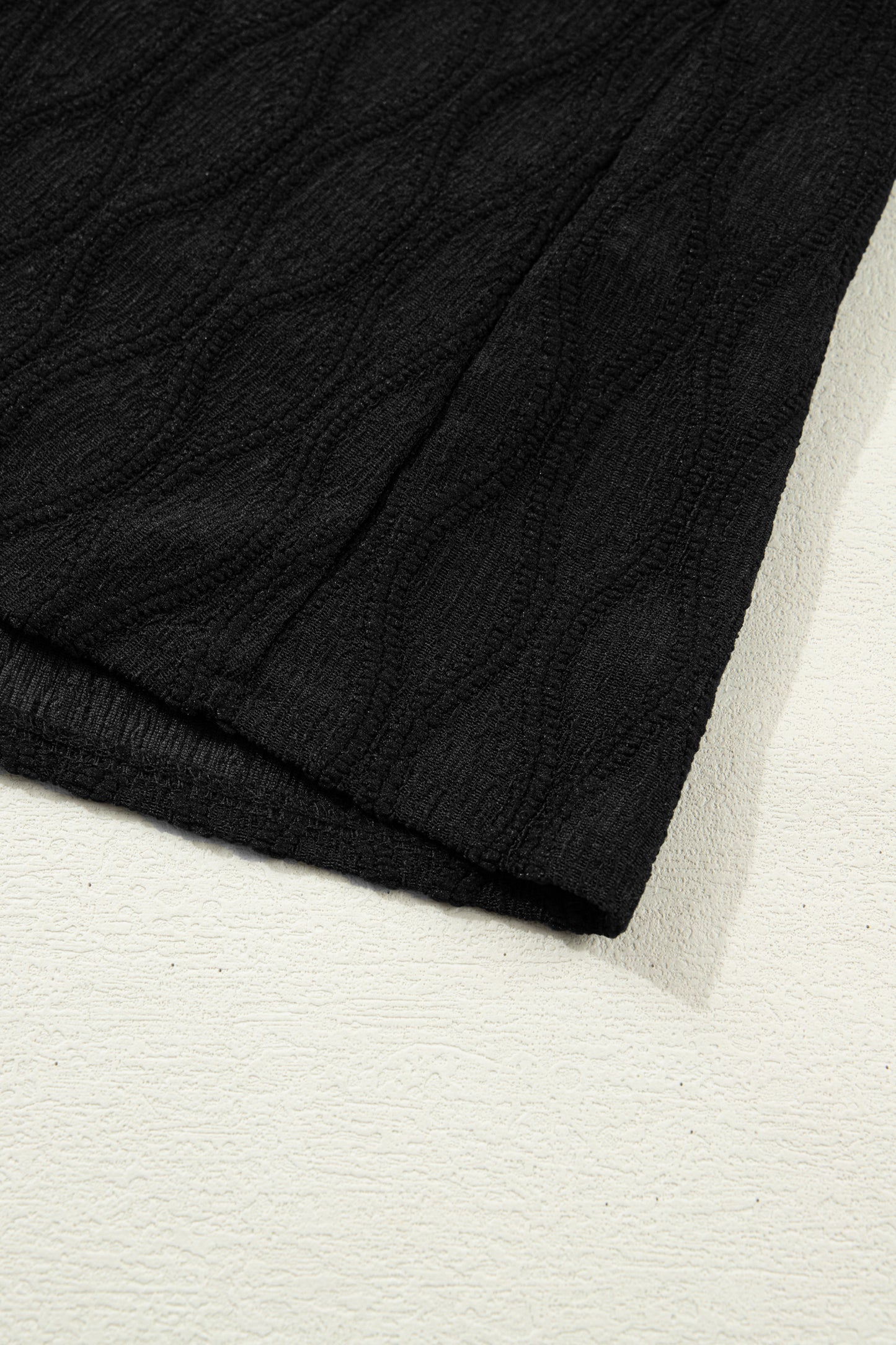Black Solid Color Textured Notched Neck Puff Sleeve Blouse