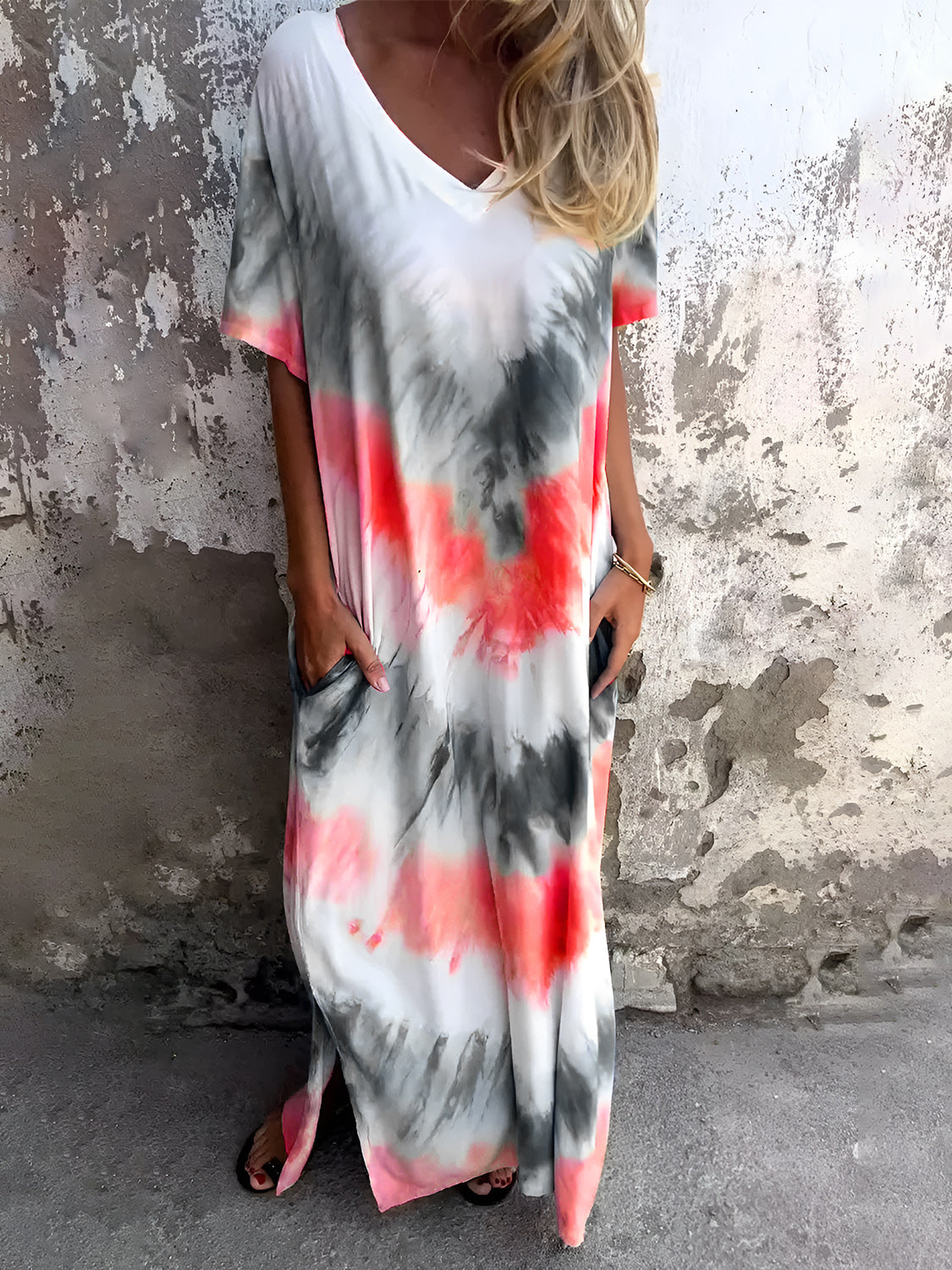 Pocketed Tie-Dye Short Sleeve Dress