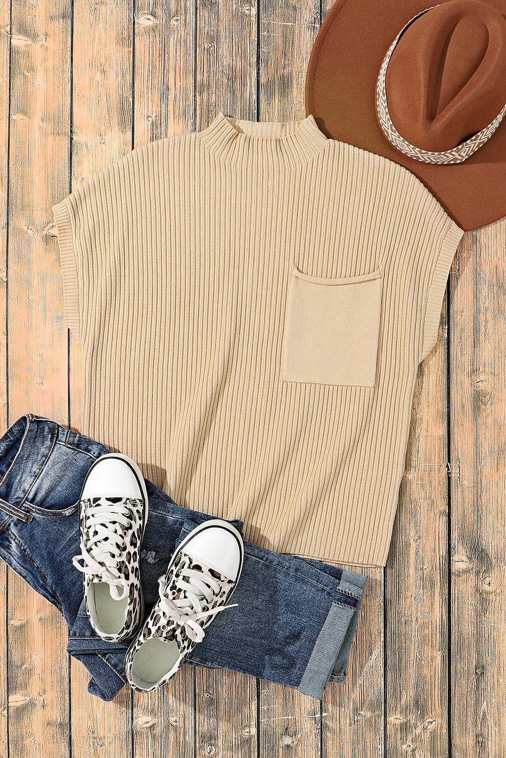 Oatmeal Patch Pocket Ribbed Knit Short Sleeve Sweater