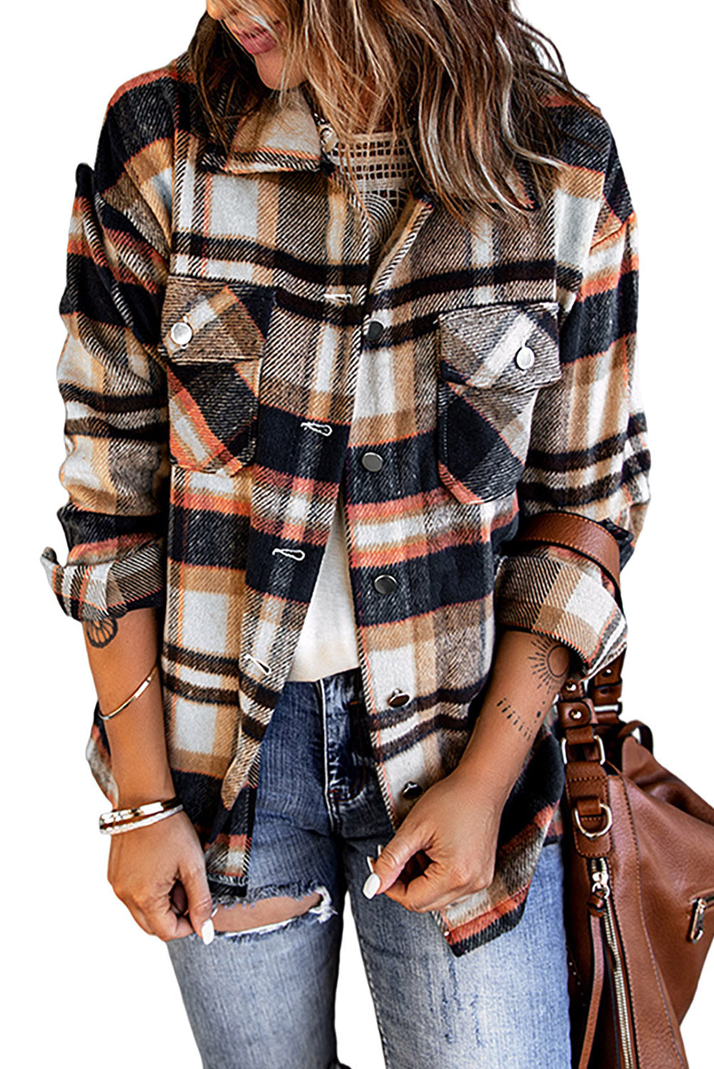 Geometric Plaid Print Pocketed Shacket