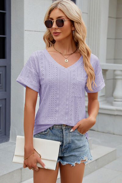 Eyelet V-Neck Short Sleeve T-Shirt