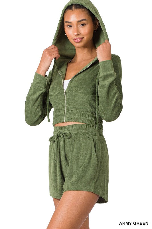 LOOP TERRY ZIP UP CROPPED HOODIE & SHORTS SET