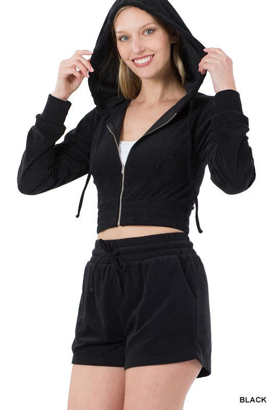 LOOP TERRY ZIP UP CROPPED HOODIE & SHORTS SET