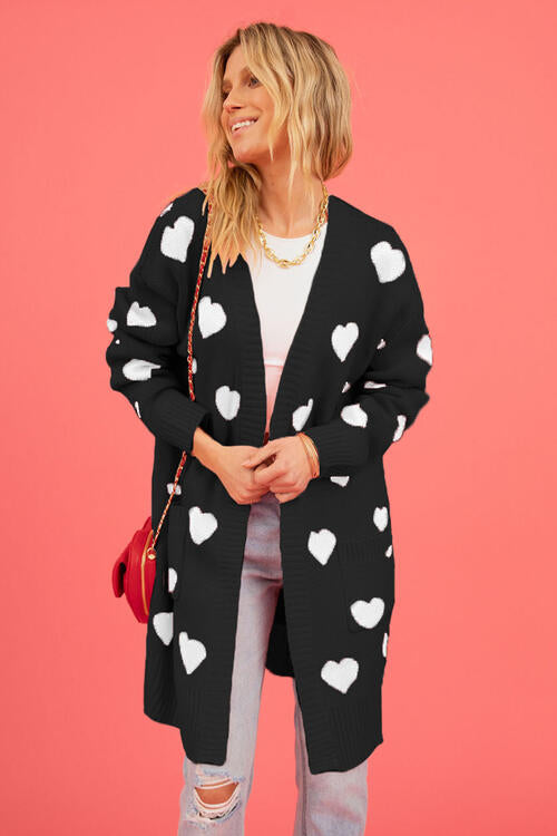 Heart Graphic Open Front Cardigan with Pockets