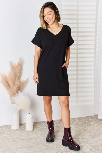 Rolled Short Sleeve V-Neck Dress