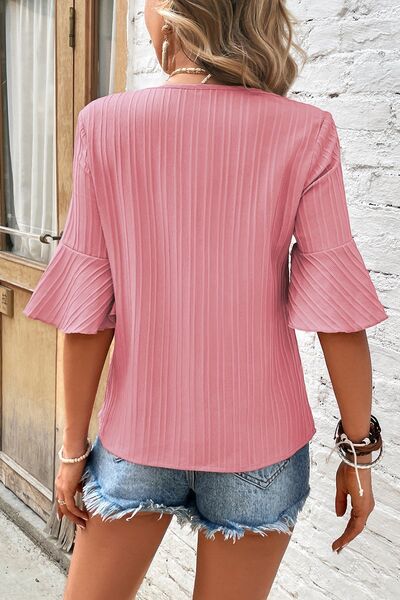 Textured V-Neck Flounce Sleeve Blouse