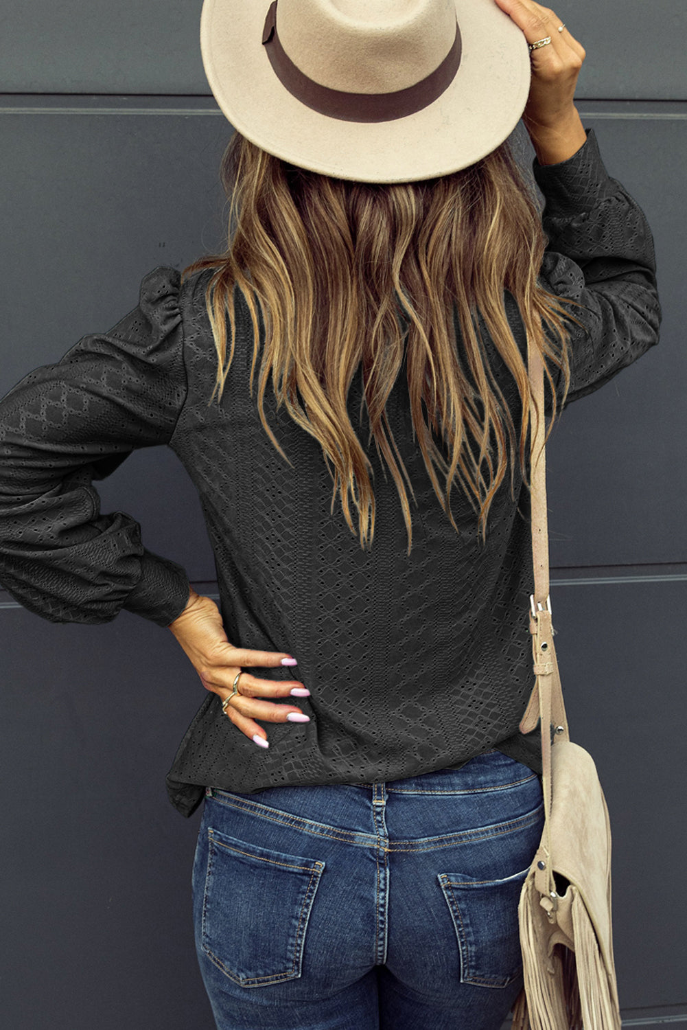 Eyelet V-Neck Long Sleeve Blouse