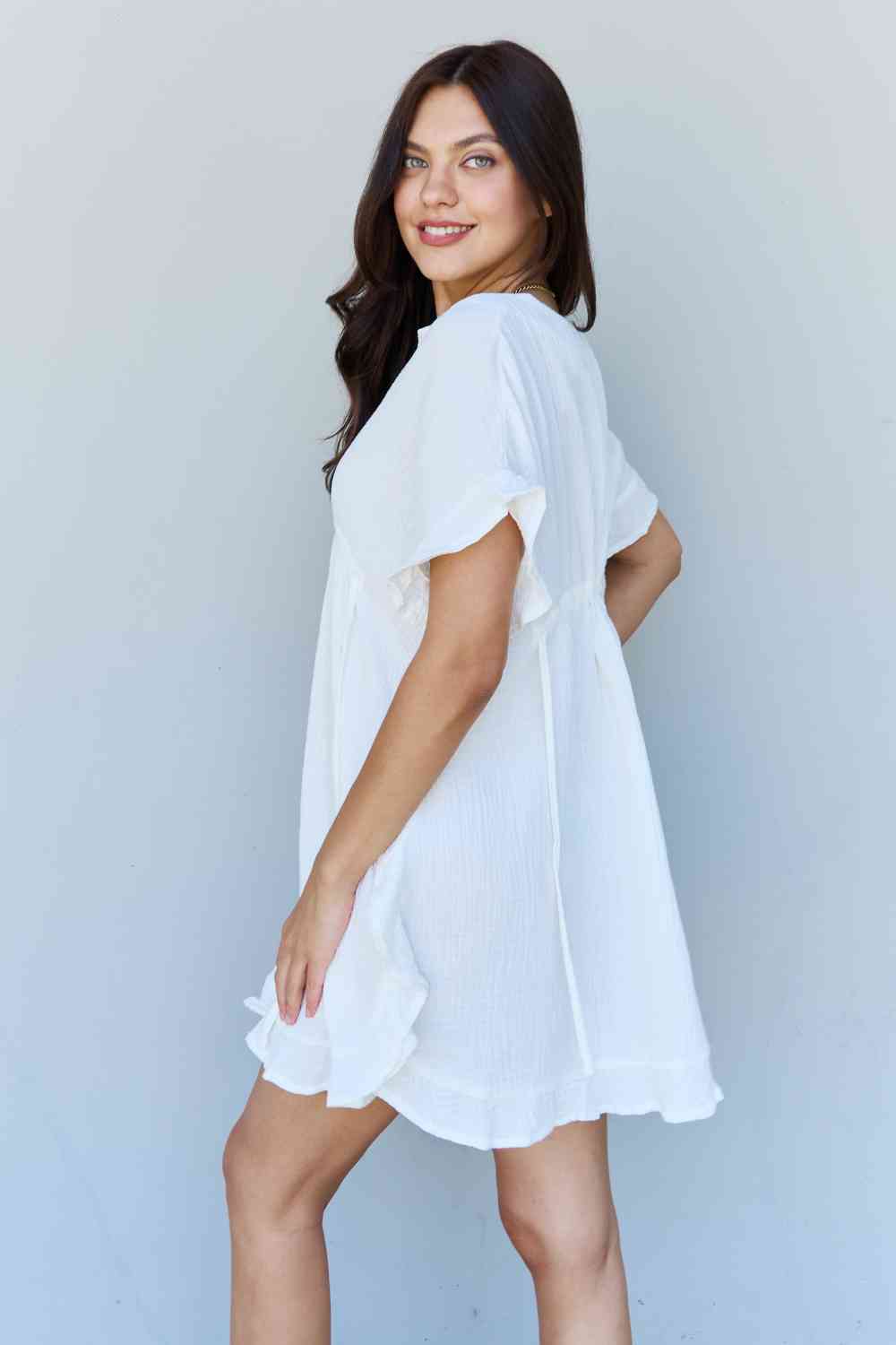 Ruffle Hem Dress with Drawstring Waistband in White