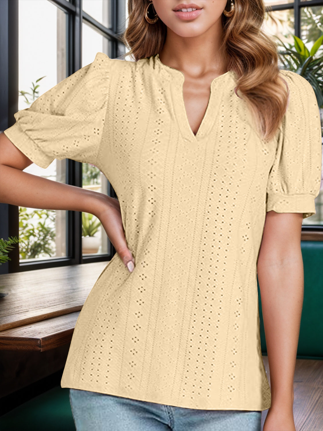 Eyelet Notched Short Sleeve Blouse