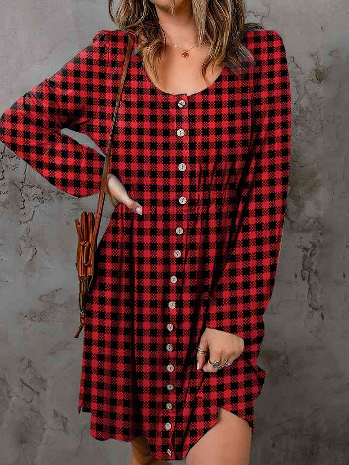 Plaid Round Neck Long Sleeve Magic Dress