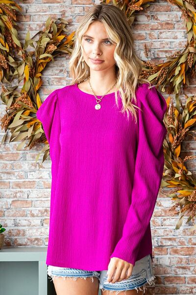 Texture Puff Sleeve Round Neck Blouse