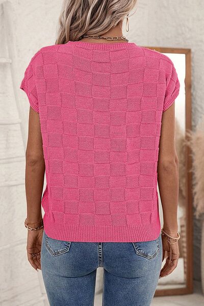 Pocketed Checkered Round Neck Knit Top