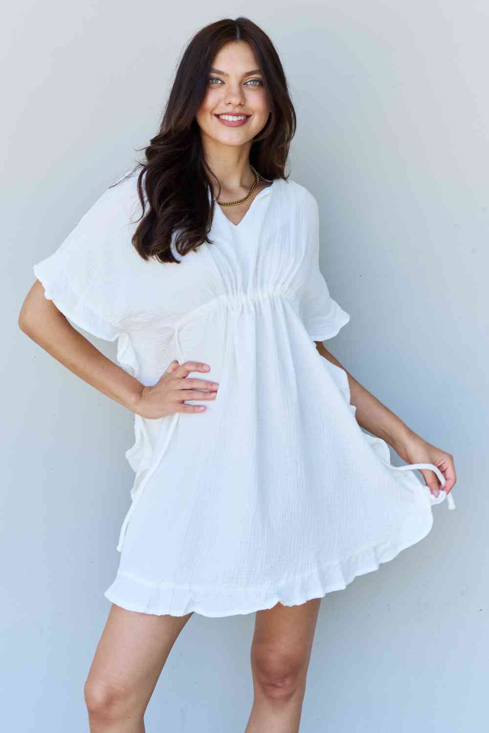 Ruffle Hem Dress with Drawstring Waistband in White