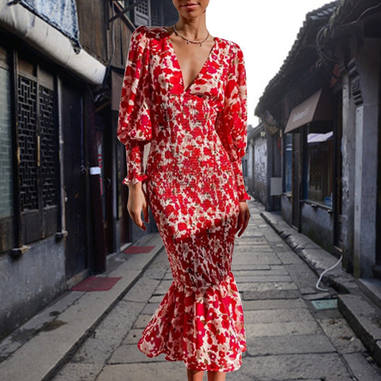 Casual Floral Printed Long Sleeve Dress