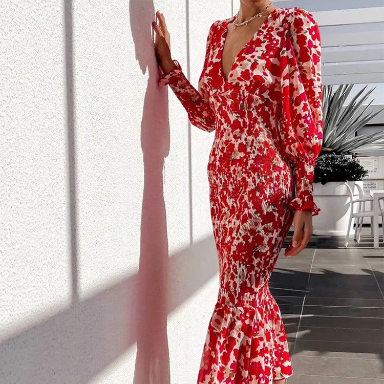 Casual Floral Printed Long Sleeve Dress