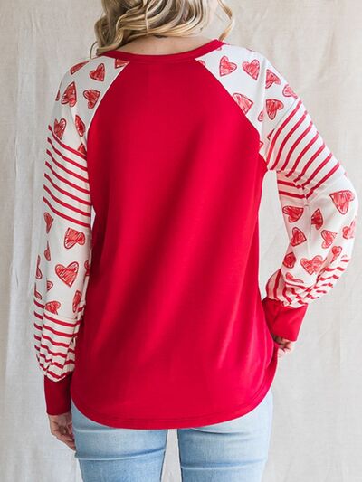 Heart Striped Quarter Button Long Sleeve T-Shirt