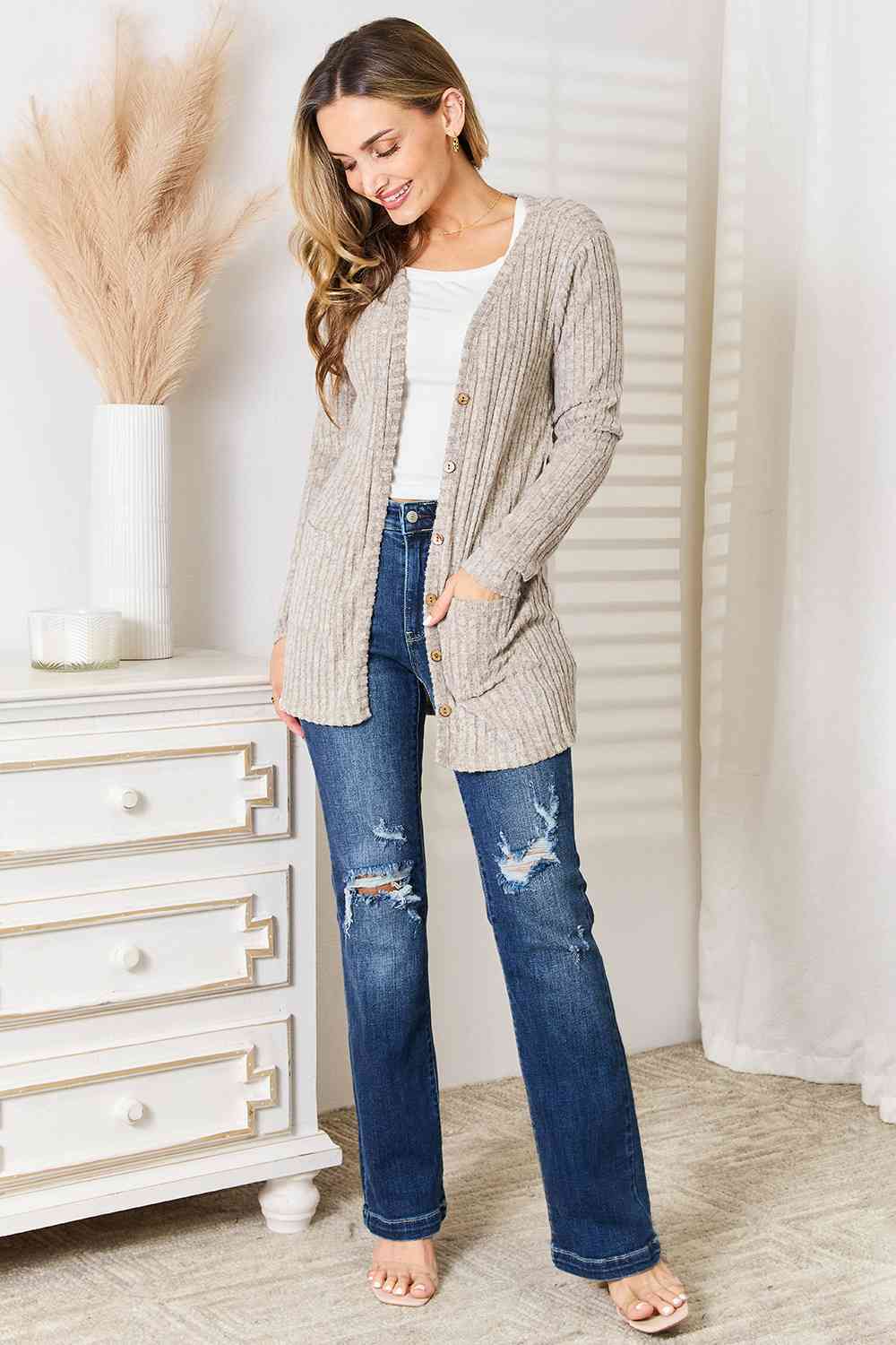 Ribbed Button-Up Cardigan with Pockets