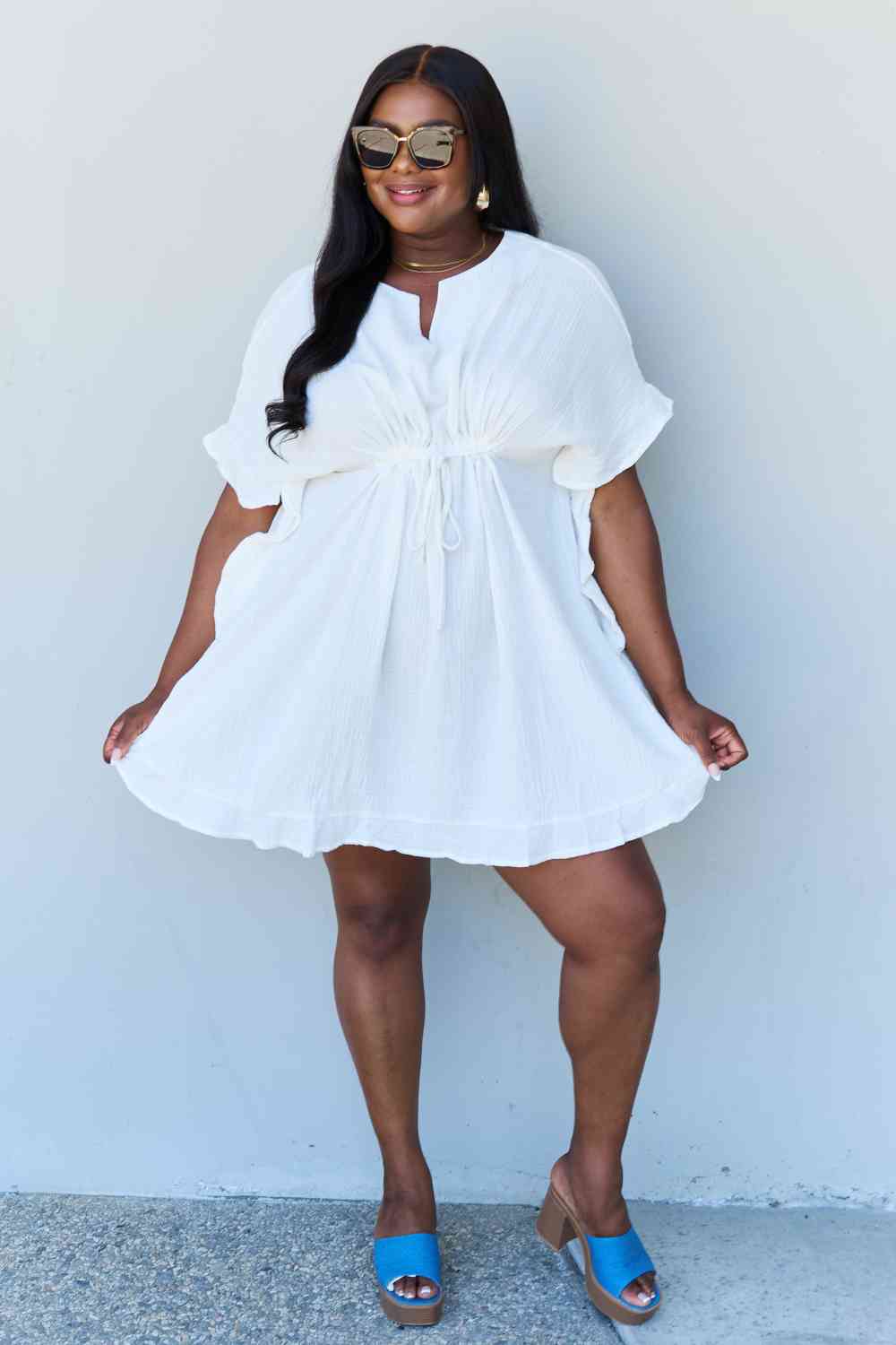 Ruffle Hem Dress with Drawstring Waistband in White