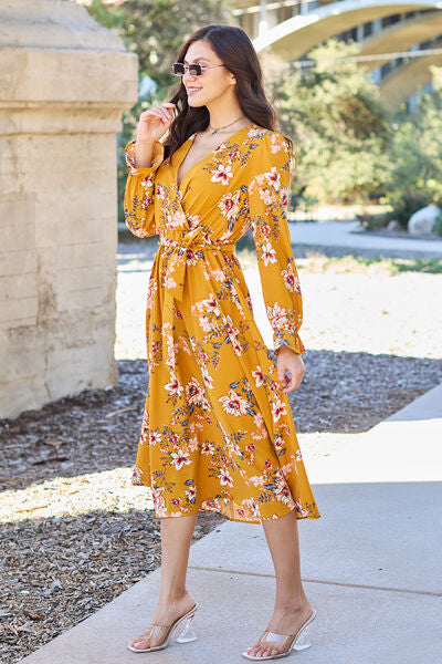 Floral Tie Back Flounce Sleeve Dress