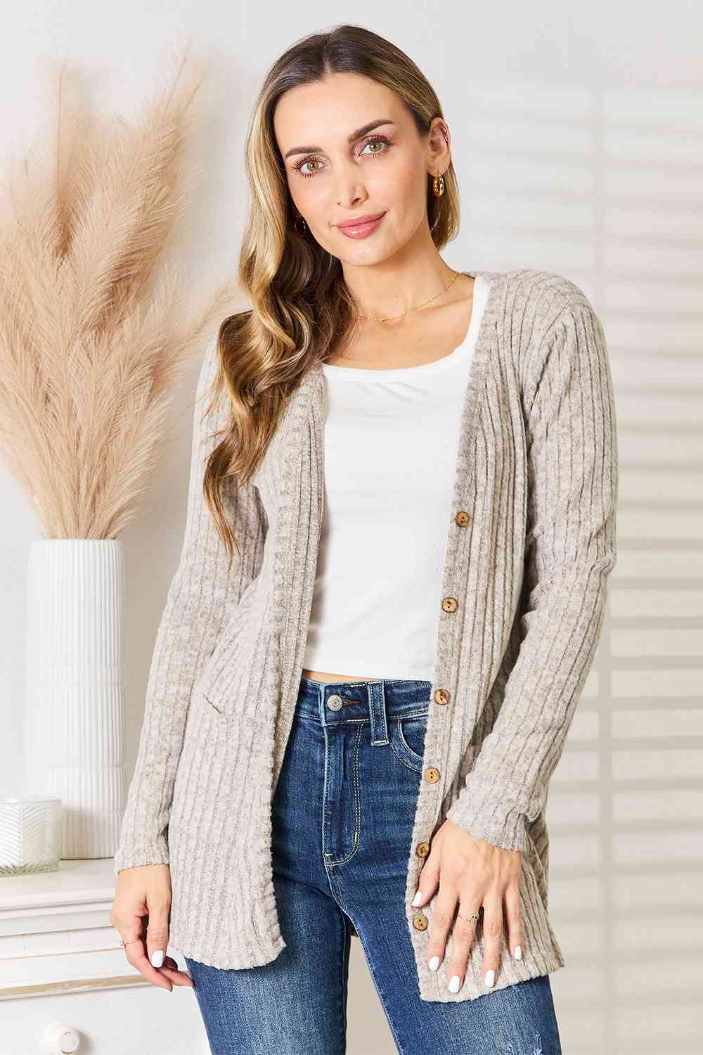 Ribbed Button-Up Cardigan with Pockets