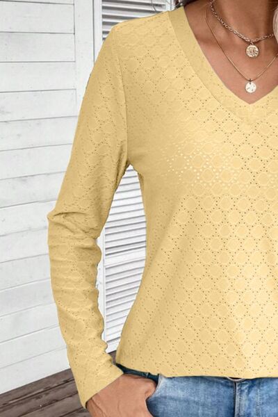 Eyelet V-Neck Long Sleeve T-Shirt