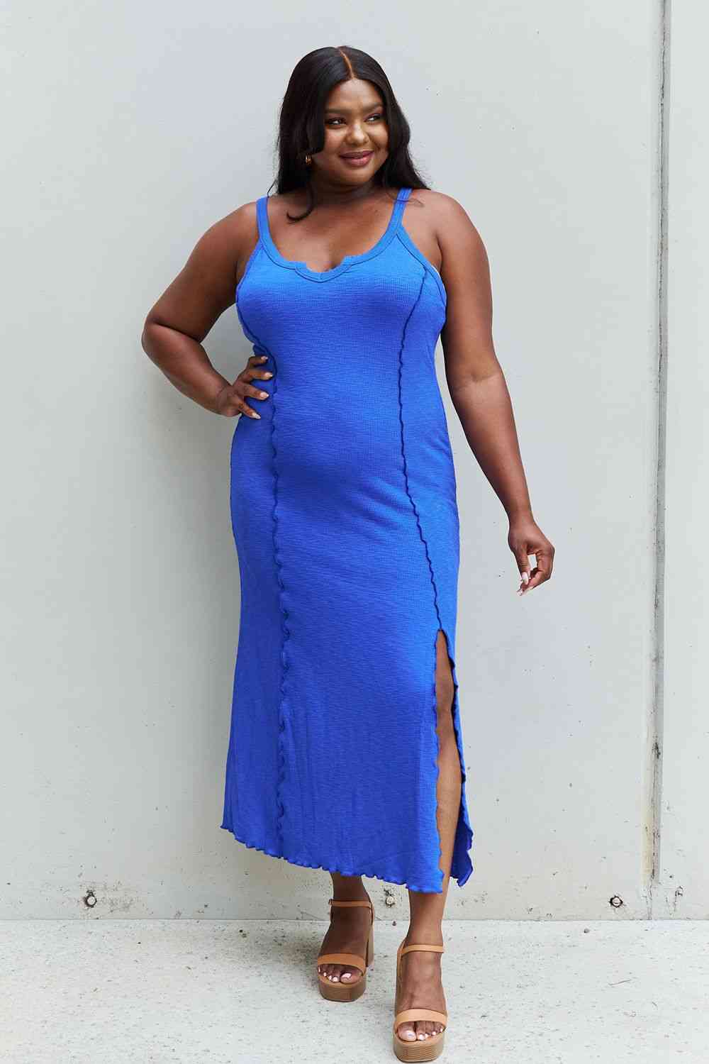 Look At Me Notch Neck Maxi Dress with Slit in Cobalt Blue