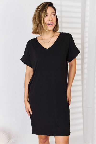 Rolled Short Sleeve V-Neck Dress