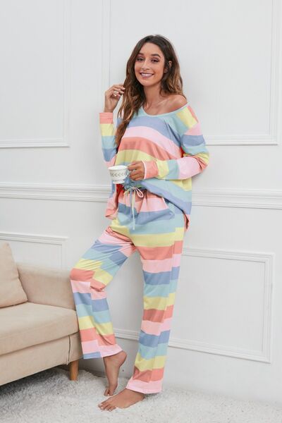 Striped Round Neck Long Sleeve Top and Drawstring Pants Lounge Set