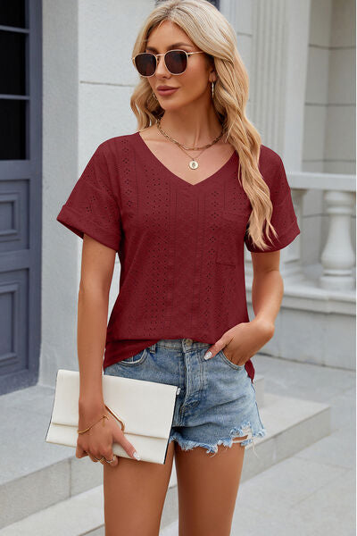 Eyelet V-Neck Short Sleeve T-Shirt