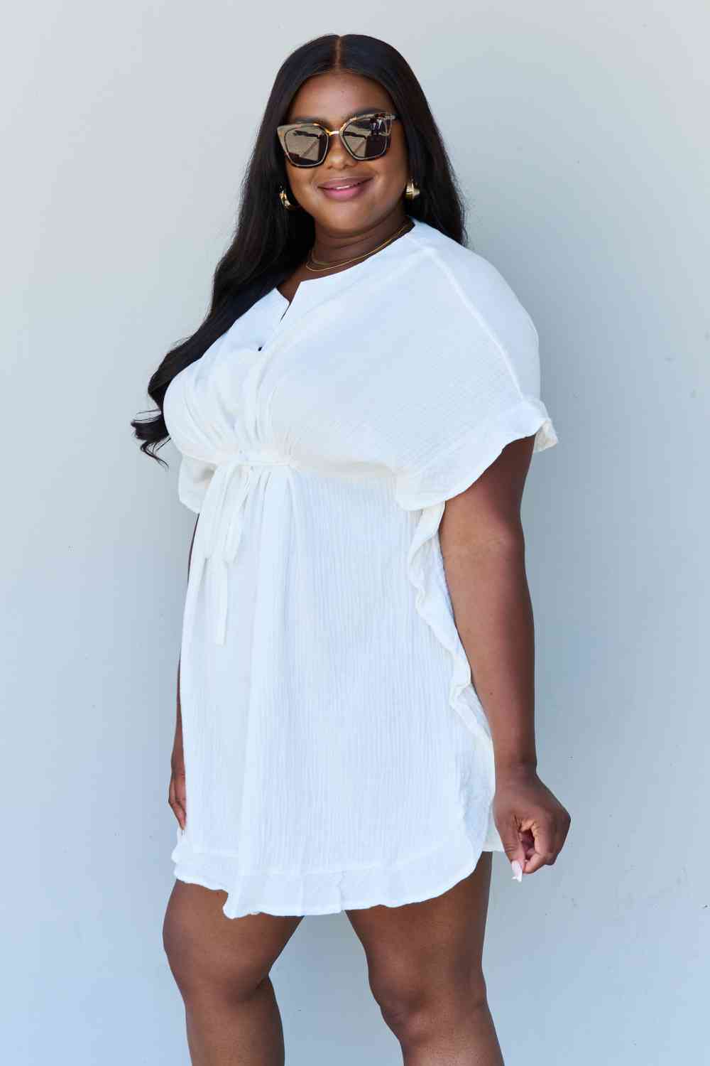 Ruffle Hem Dress with Drawstring Waistband in White