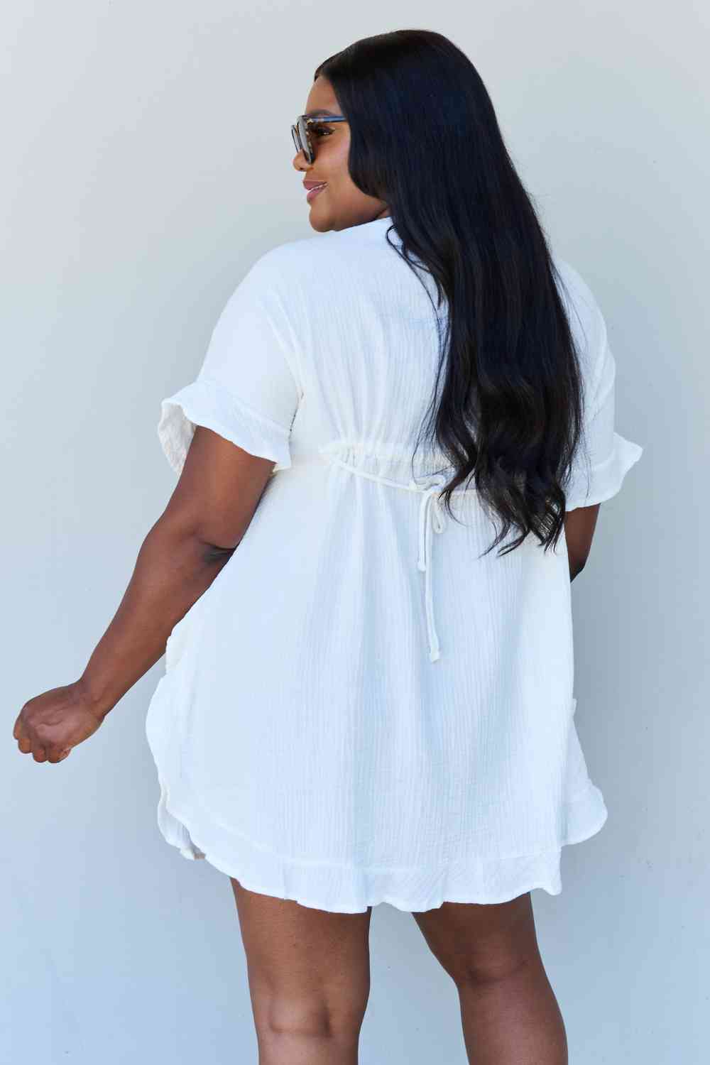 Ruffle Hem Dress with Drawstring Waistband in White