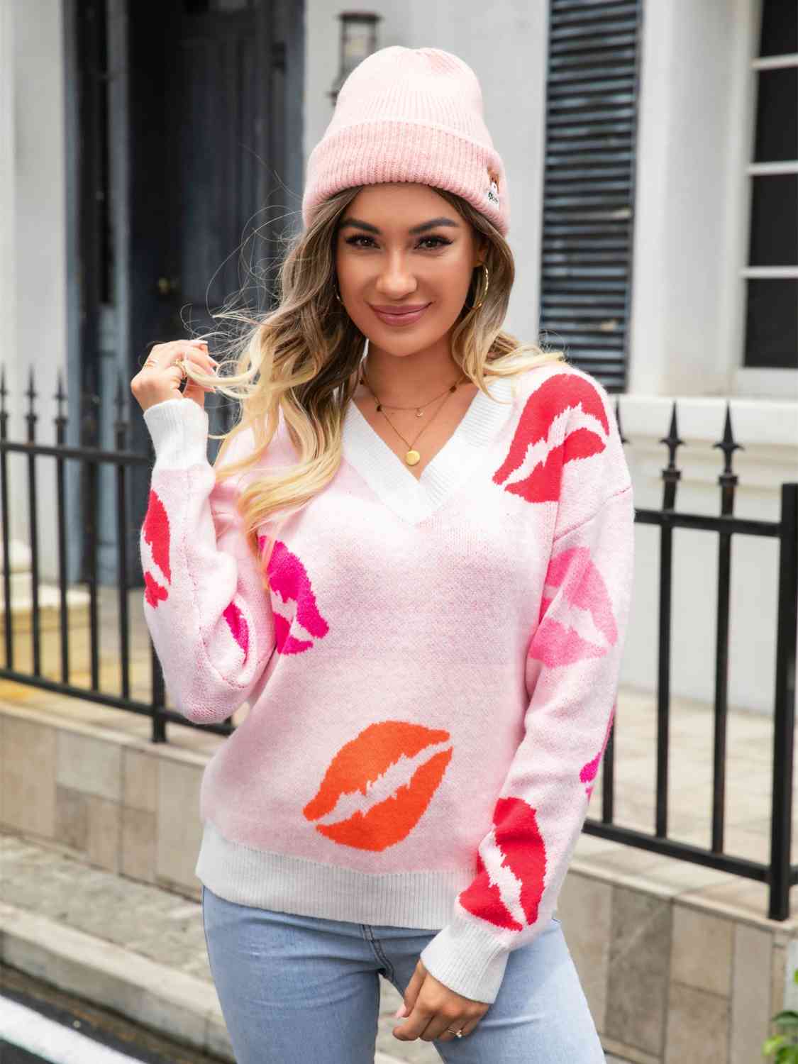 Lip V-Neck Drop Shoulder Sweater