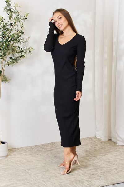 Ribbed Long Sleeve Midi Slit Dress