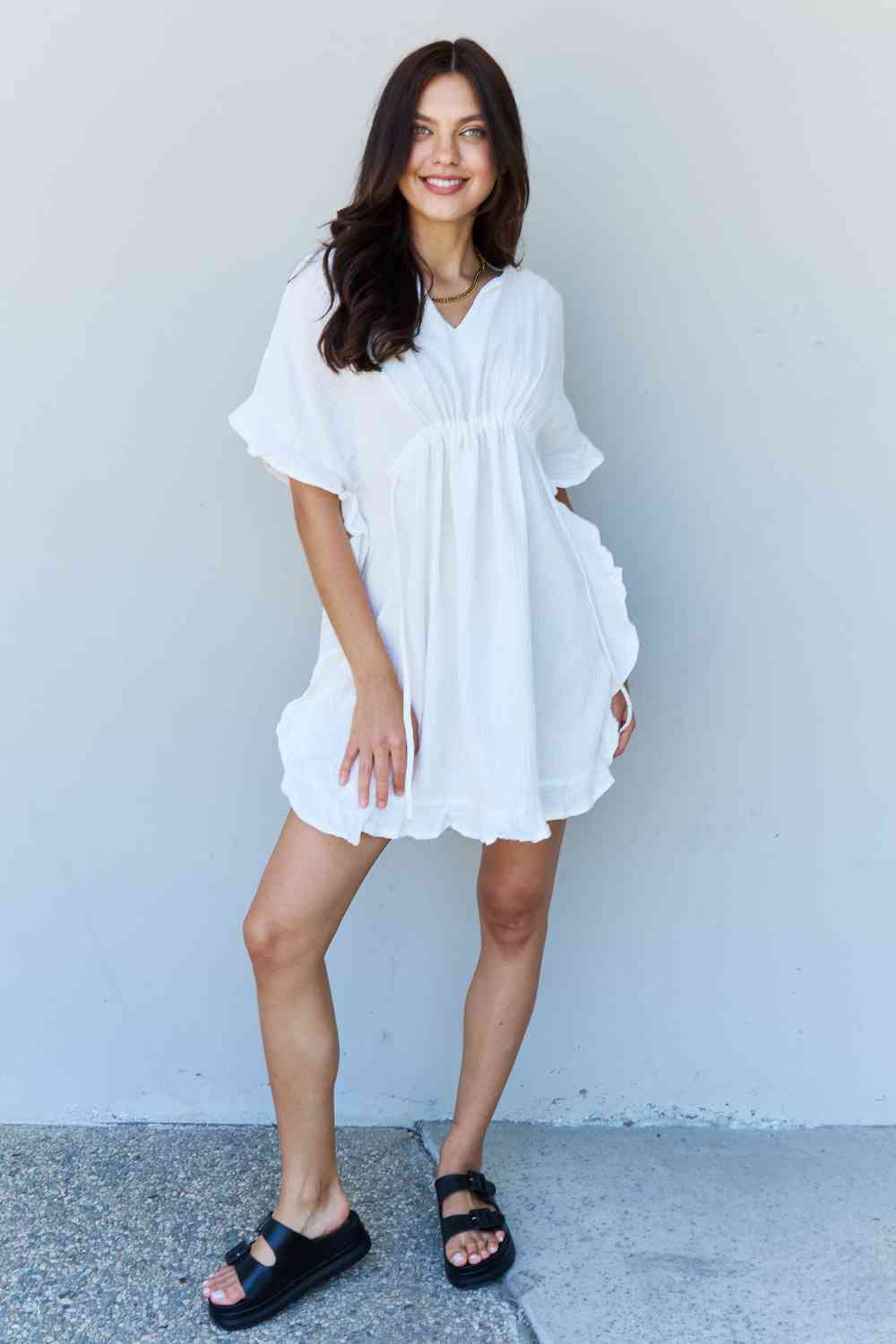 Ruffle Hem Dress with Drawstring Waistband in White