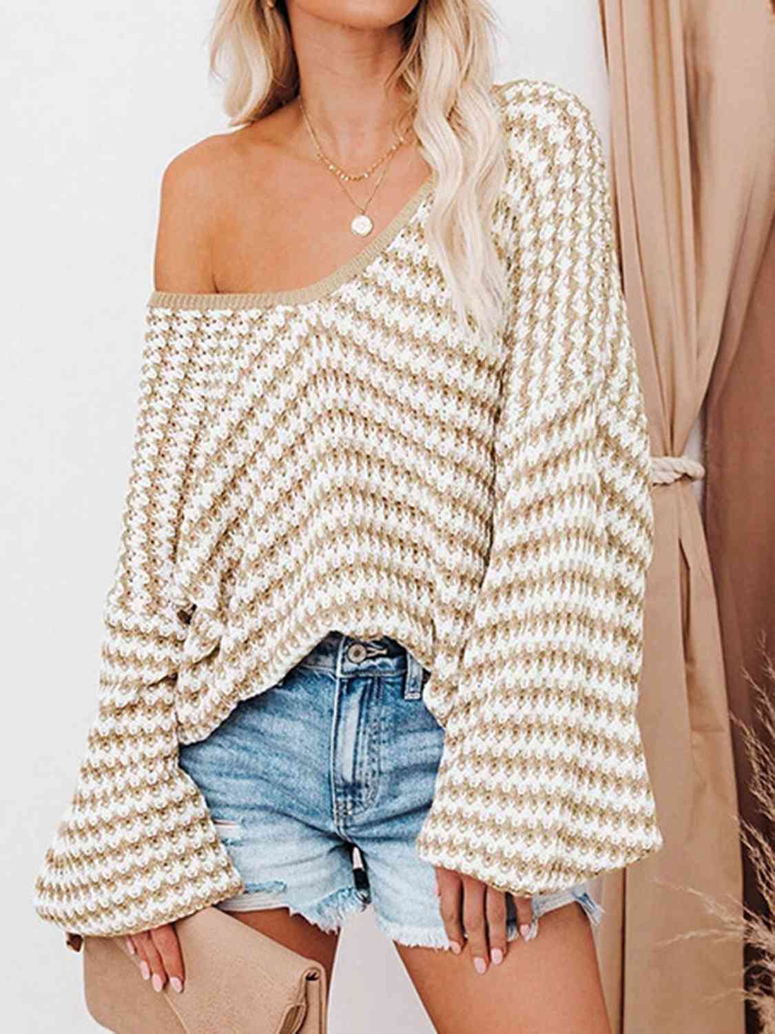 Striped Drop Shoulder V-Neck Sweater