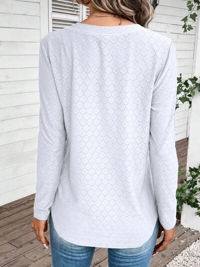 Eyelet V-Neck Long Sleeve T-Shirt