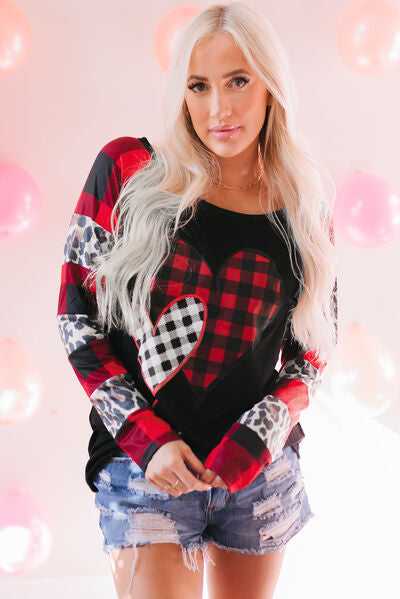 Plaid Leopard Heart Round Neck T-Shirt